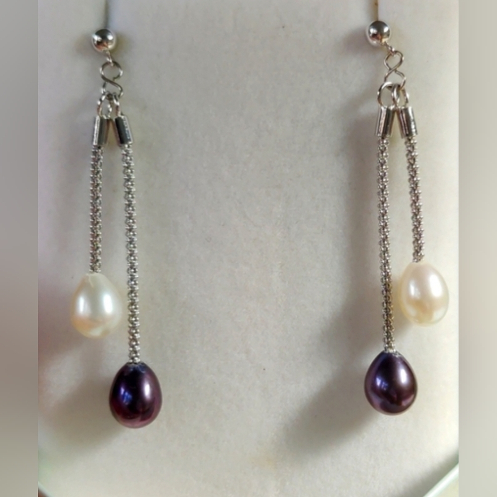 Rare Vtg Ross Simmons double drop 7.5-8.5mm cultured pearl earrings (Never worn) - Picture 3 of 5